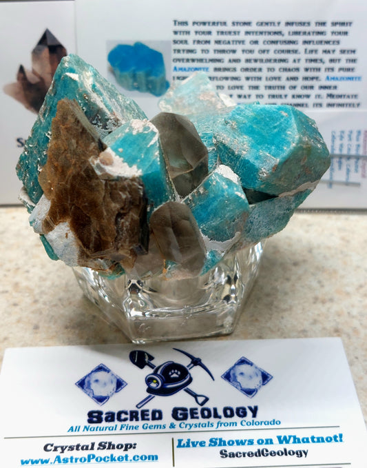 Smoky Quartz Crystals on Amazonite Plate w/ Shiny Mica Booklet 🤯💙🔥 - Triple Crystal Plate!