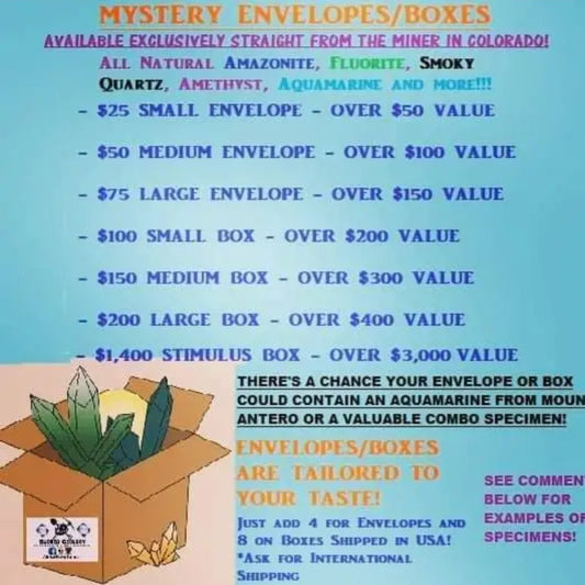 EE6: $50 MEDIUM COLORADO MYSTERY ENVELOPE Smoky Quartz Fluorite Amazonite Amethyst Aquamarine Crystals ⚒️